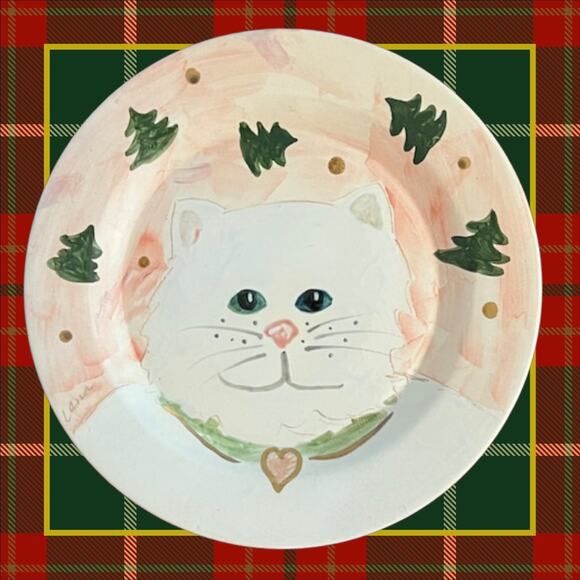 White Cat Christmas Cookie Plate with Scattered Christmas Trees - Picture 1 of 9